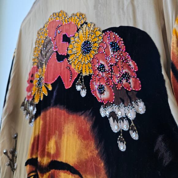Frida Kahlo Vintage Silk Velvet Beaded Long Duster Kimono Cinco de Mayo One Size - Picture 9 of 16